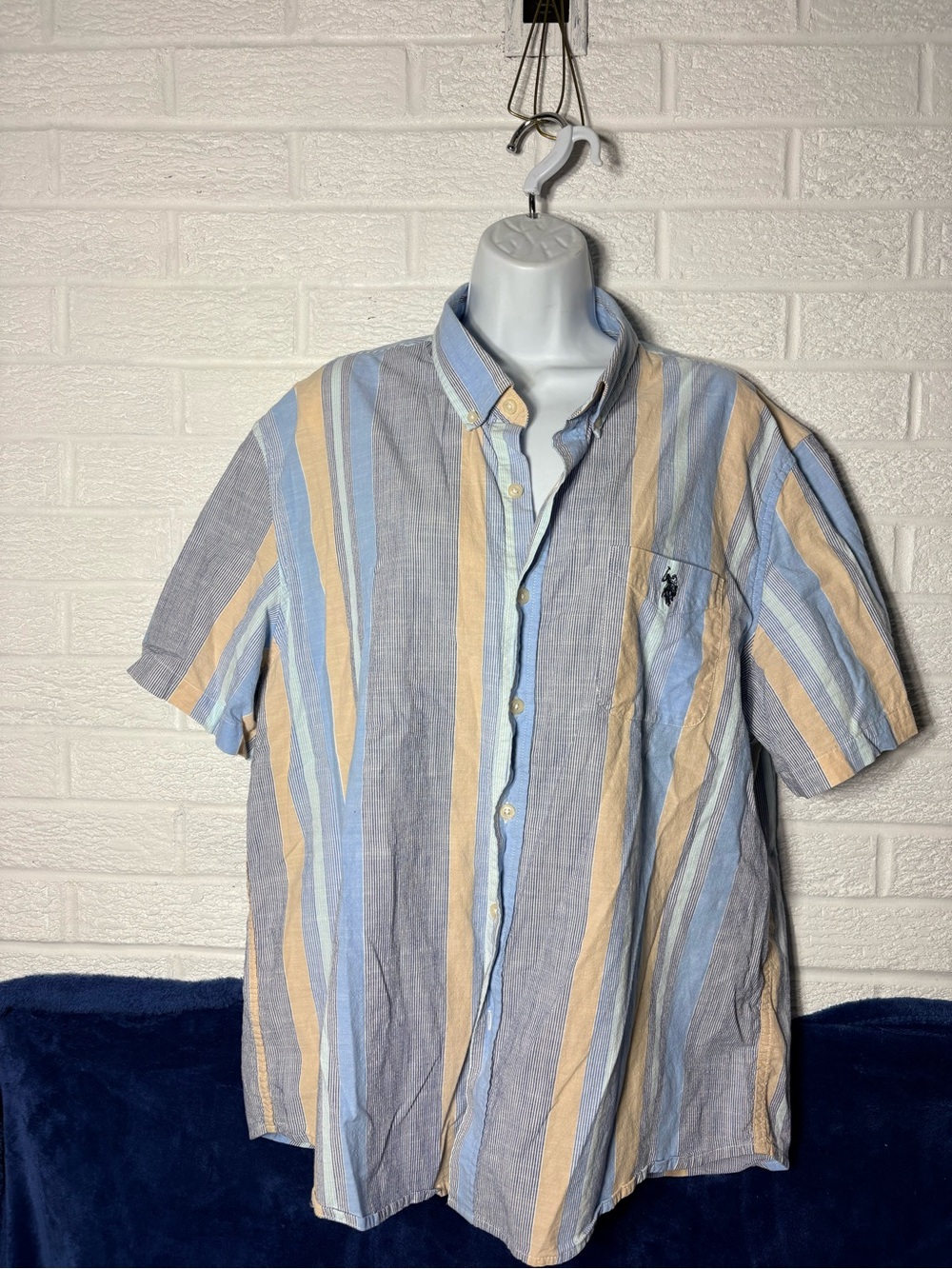 U.S. Polo Assn. Short-Sleeve Striped Button-Down Shirt - Blue/Tan/Gray